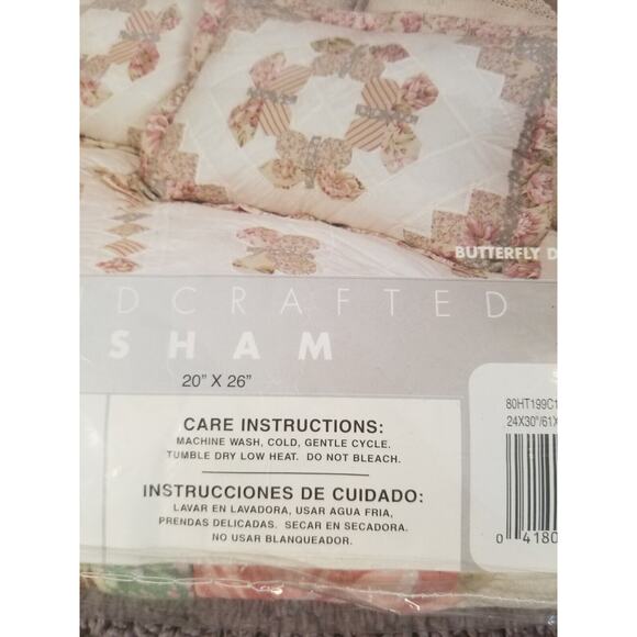 Vintage Hand Crafted Pink/Green/Ivory Butterfly Dream Pillow Sham 20x26 - Picture 2 of 6